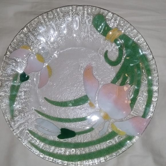 VTG. Sydenstricker Art Fused Glass Salad/Dessert Plate & Bowl Floral Set Signed - Picture 2 of 7